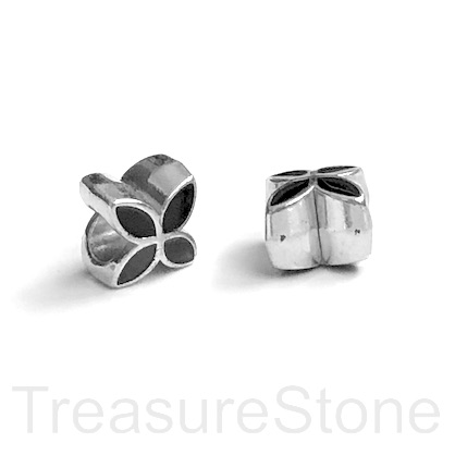 Bead, silver, black, 9mm flower 2, large hole:5mm. pack of 2