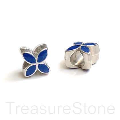 Bead, silver, blue, 9mm flower 2, large hole:5mm. pack of 2