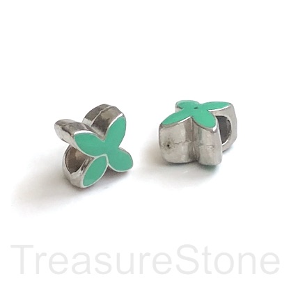 Bead, silver, green, 9mm flower 2, large hole:5mm. pack of 2 - Click Image to Close
