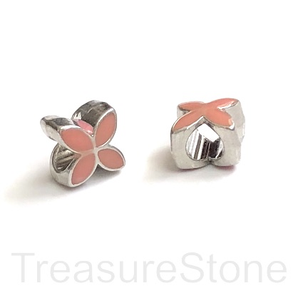 Bead, silver, nude pink, 9mm flower 2, large hole:5mm. pack of 2