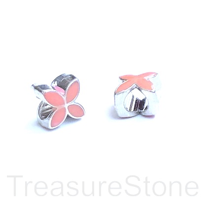 Bead, silver, pink, 9mm flower 2, large hole:5mm. pack of 2