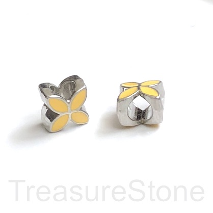 Bead, silver, yellow, 9mm flower 2, large hole:5mm. pack of 2