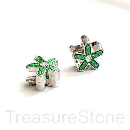 Bead, silver, green,12mm daisy flower, large hole:4mm.pack of 2