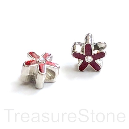 Bead, silver, red,12mm daisy flower, large hole:4mm.pack of 2