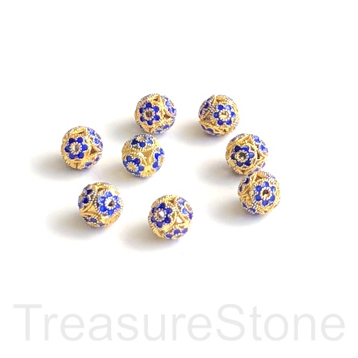 Bead, cloisonné, handmade, blue gold, 7mm round each - Click Image to Close