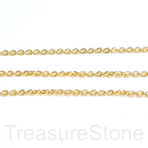 Chain, brass, bright gold plated, oval 2.5x3mm, patterned. 1m