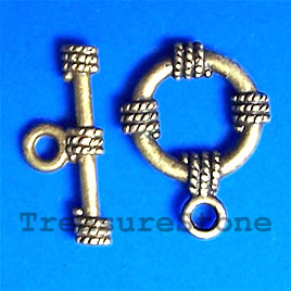 Clasp, toggle, antiqued brass-finished, 15mm round. Pkg of 10.
