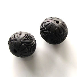 Bead, cinnabar, black, 15mm, carved. Pkg of 5.