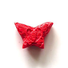 Bead, cinnabar, red, 17x22x6mm, carved butterfly. Pkg of 4.