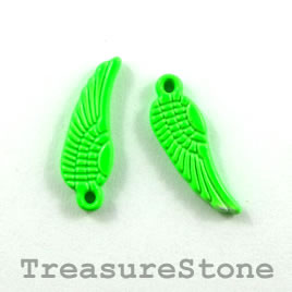 Charm, neon green, metal, 6x15mm wing/feather. Pkg of 9