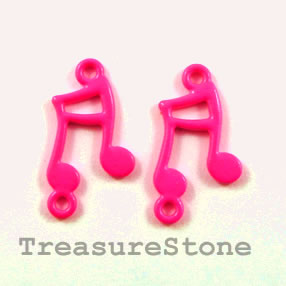Charm/ connector, neon pink, metal, 12x15mm music note. Pkg of 6