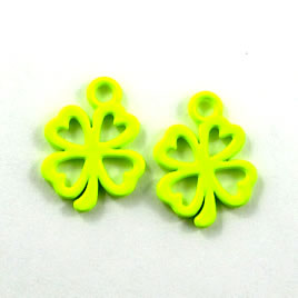Charm,neon yellow,metal, 13mm shamrock/ 4-leaf clover. Pkg of 8. - Click Image to Close
