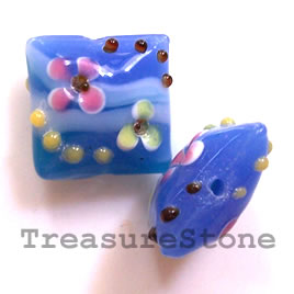 Bead, lampworked glass, blue, 20x10mm puffed square. each