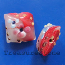 Bead, lampworked glass, red, 20x10mm puffed square. each