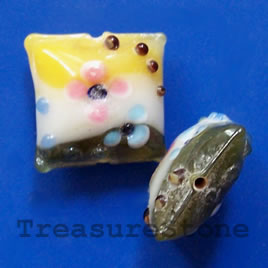 Bead, lampworked glass, yellow, green, 20x10mm puffed square. ea