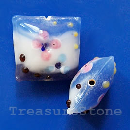 Bead, lampworked glass, blue, 20x10mm puffed square. each
