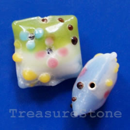 Bead, lampworked glass, green, blue, 20x10mm puffed square. ea