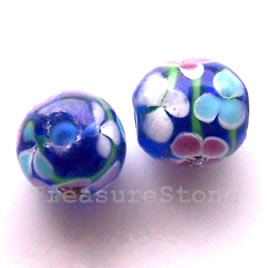 Bead, lampworked glass, blue, 11 mm round. Pkg of 6