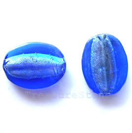Bead, lampworked glass, blue, 21x28x6mm flat oval. Pkg of 5.