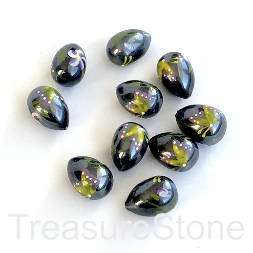 Bead,MOP,shell,12x17mm half-drilled drop.hand-painted,black,ea