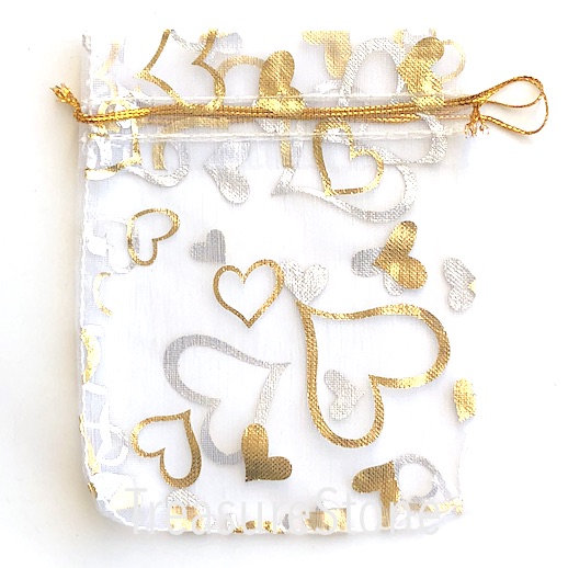 Bag, organza, 3.5x4 inch, white, gold hearts. Pkg of 5pcs.