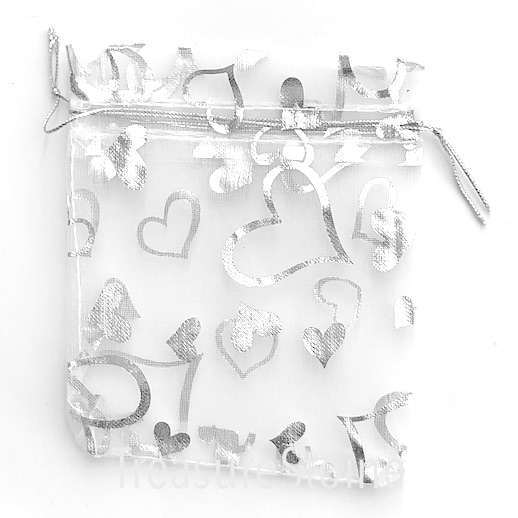 Bag, organza, 3.5x4 inch, white, silver hearts. Pkg of 5pcs.