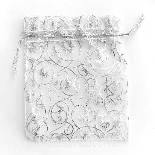 Bag, organza, 3.5x4 inch, white, silver pattern. Pkg of 5pcs.