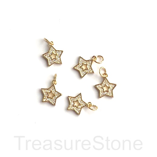 Pave charm, brass, 10mm gold open star, clear CZ. Ea