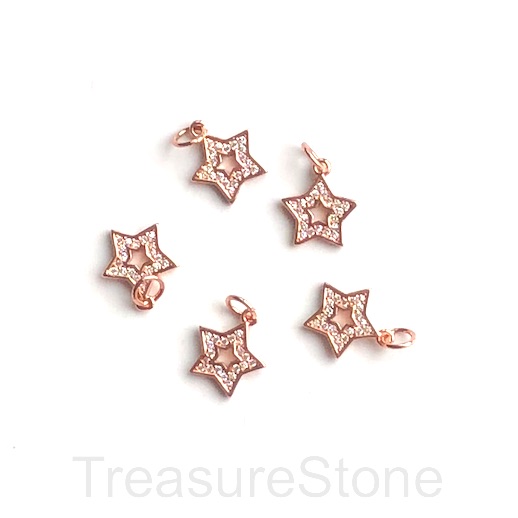 Pave charm, brass, 10mm rose gold open star, clear CZ. Ea