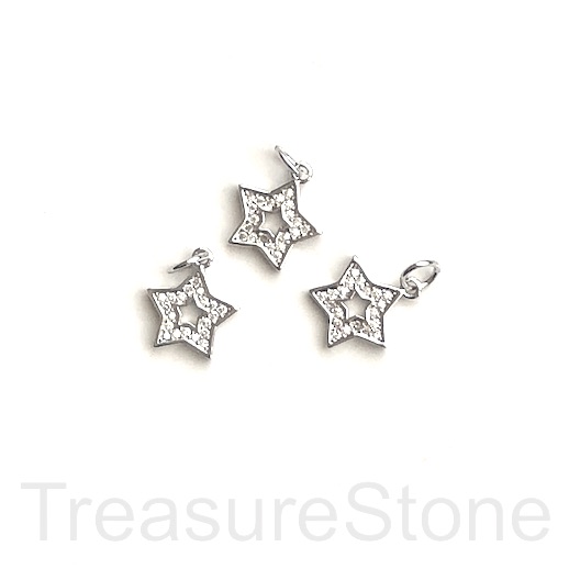 Pave charm, brass, 10mm silver open star, clear CZ. Ea