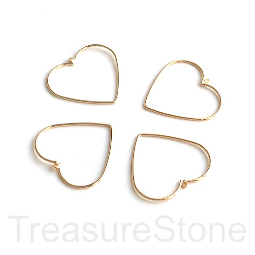 Brass charm, pendant, 25mm gold heart. Pack of 3.