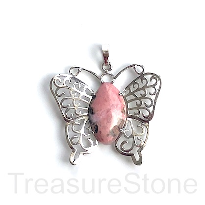 Pendant, Rhodonite, 45mm butterfly. Sold individually.