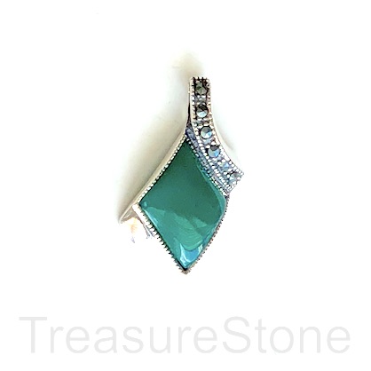 Pendant, green onyx, sterling silver pave, 18x26mm. each