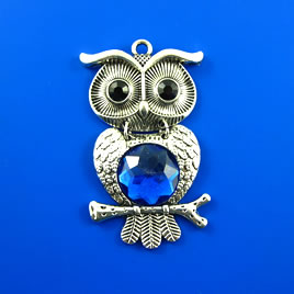 Pendant, silver-finished, blue, 59mm Owl. Each.