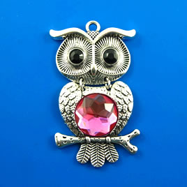 Pendant, silver-finished, pink, 59mm Owl. Each.