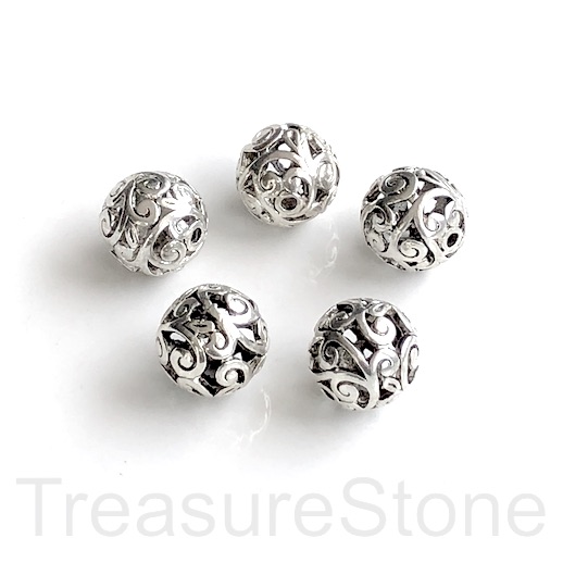 Bead, antiqued silver-finished, 14mm filigree round. Pkg of 2.