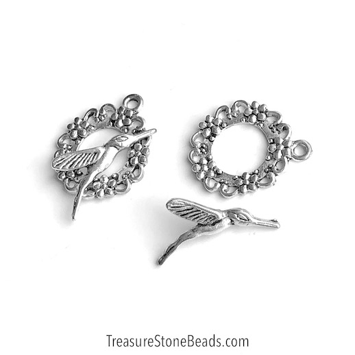 Clasp,toggle,antiqued silver-finished, 25mm bird. Pkg of 2 pairs