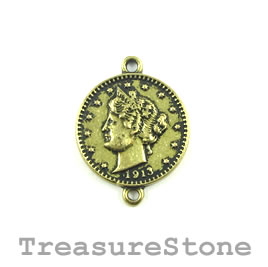 Charm/Pendant/Link, brass-plated, 19mm coin. Pack of 5.