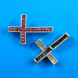 Link/pendant, grey-finished, 24x36mm cross + pink crystals. Each