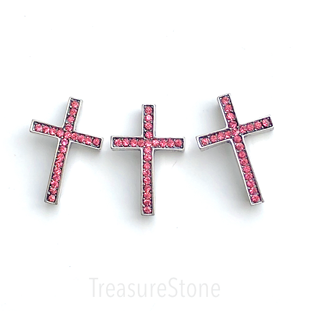 Link/pendant, grey-finished, 24x36mm cross + pink crystals. Each