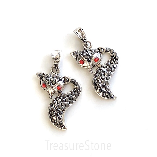 Pave charm, Pendant, pewter, 22x28mm fox, black crystals. Each.