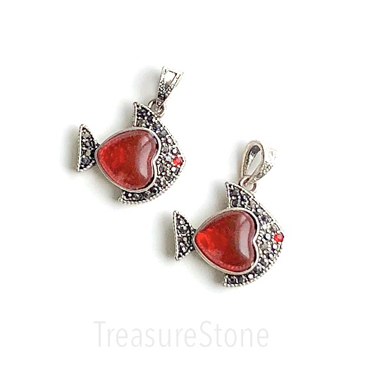 Charm/Pendant, pave, pewer, 22mm fish with red heart crystal. Ea