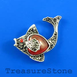 Charm/Pendant, pave,pewer,25x33mm fish with red heart crystal.Ea