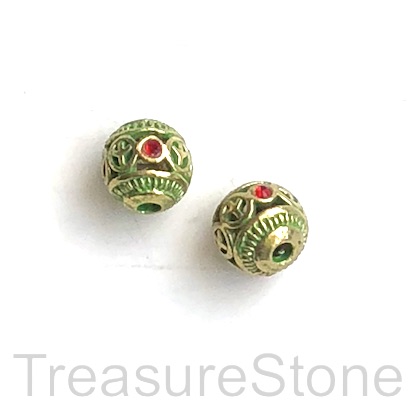 Bead, patina finished, red crystal, 8.5mm filigree round. ea