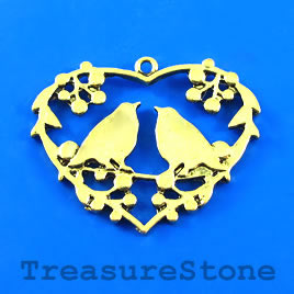 Pendant, gold-finished, love birds with heart. Pkg of 2.