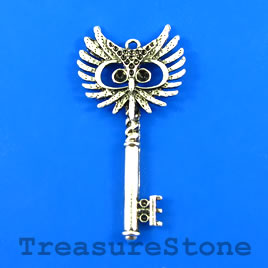Pendant, silver-finished, 30x60mm owl key. each