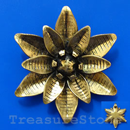 Pendant/charm, brass-finished, 49mm flower. Sold individually.