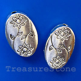 Bead, silver-finished, 9x14mm flat oval, flowers. Pkg of 10.