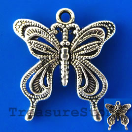 Pendant/charm,silver-finished, 24mm butterfly. Pkg of 3.