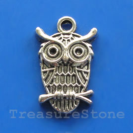 Pendant/charm, silver-finished, 15x20mm owl. Pkg of 8.